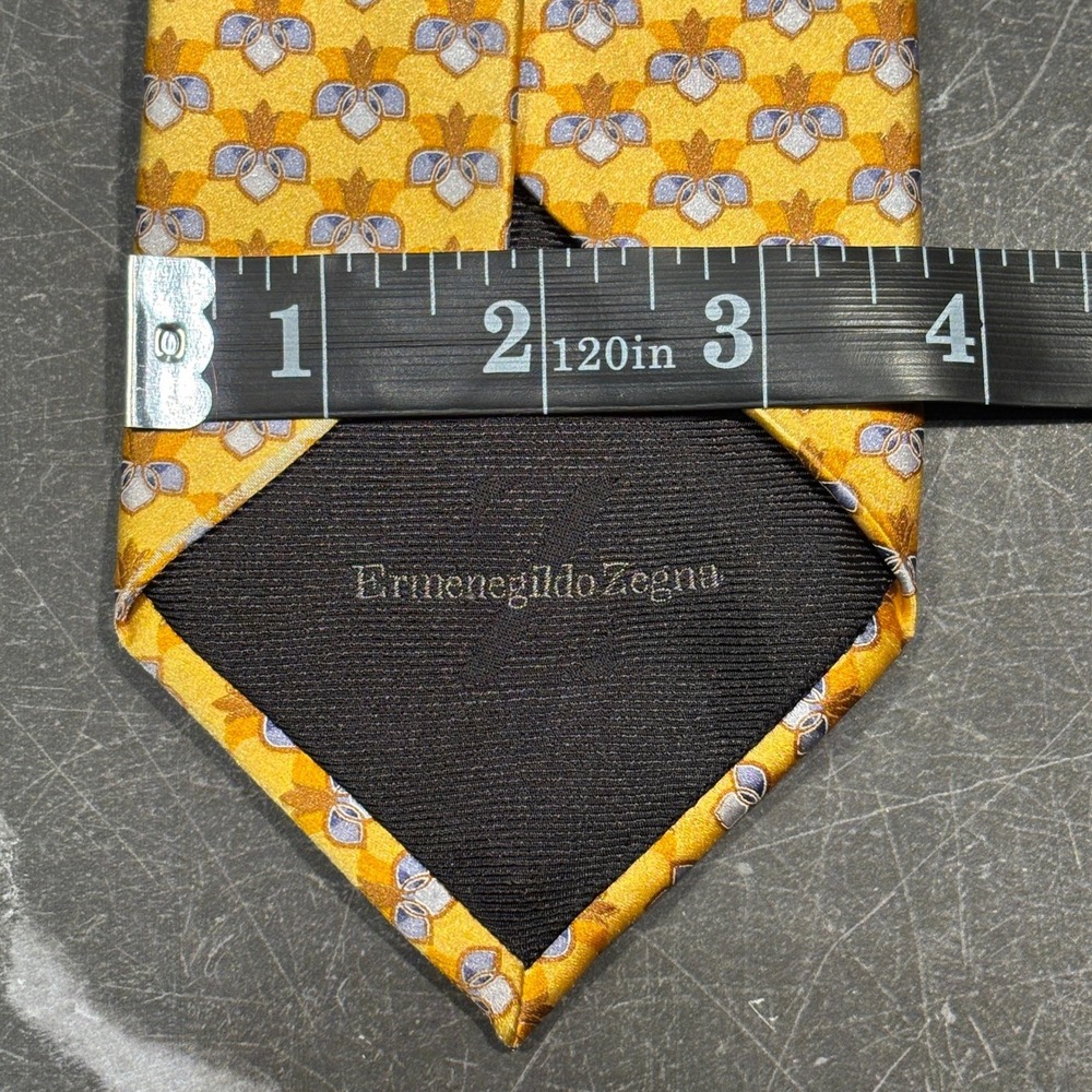 Mens Tie | Ermenegildo Zegna Tie | Gold Blue Fleur-De-Lis Silk - Picture 4 of 5
